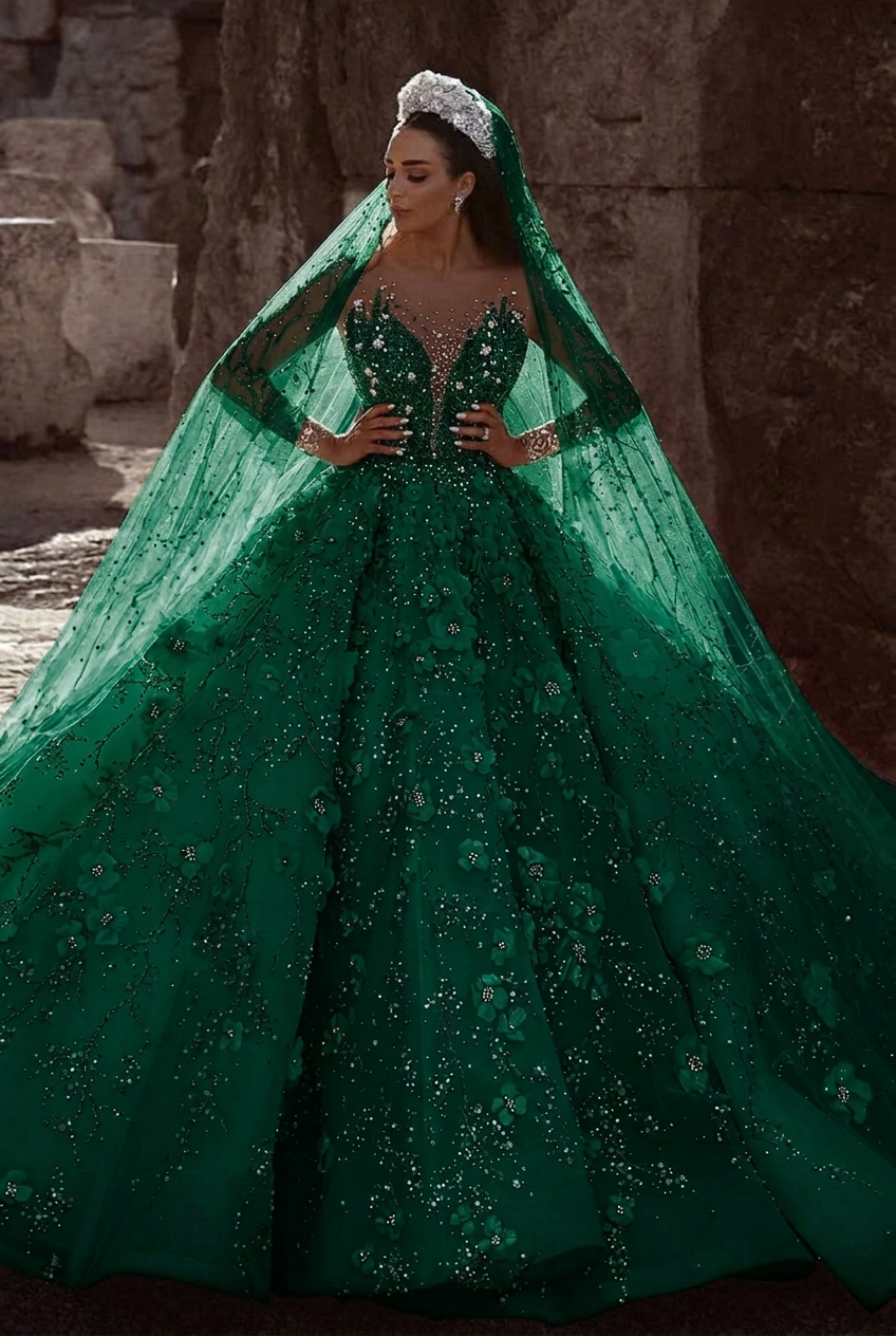 Dark green scoop beaded A-line wedding dress
