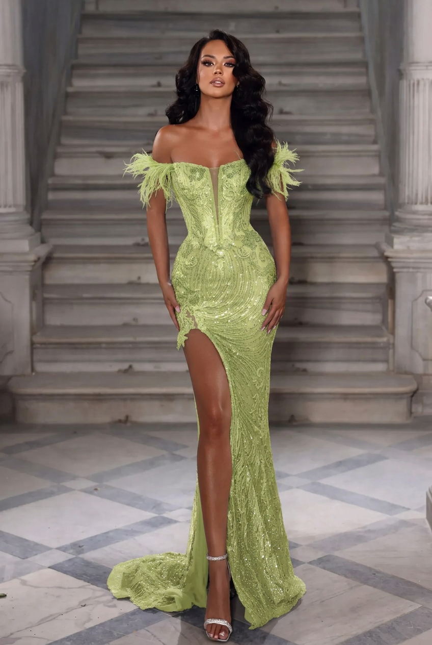 Sage off-the-shoulder sequin mermaid prom dress