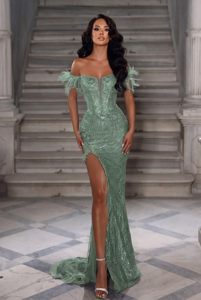 Dusty sage off-the-shoulder sequin mermaid prom dress