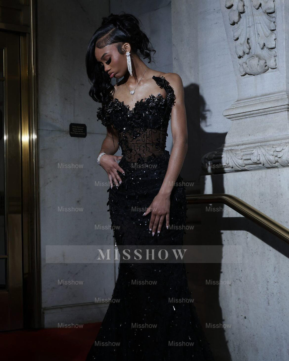 princess polly baby blue dress Camila Alves Black Satin Plunging V-neck Ball Gown main image 0