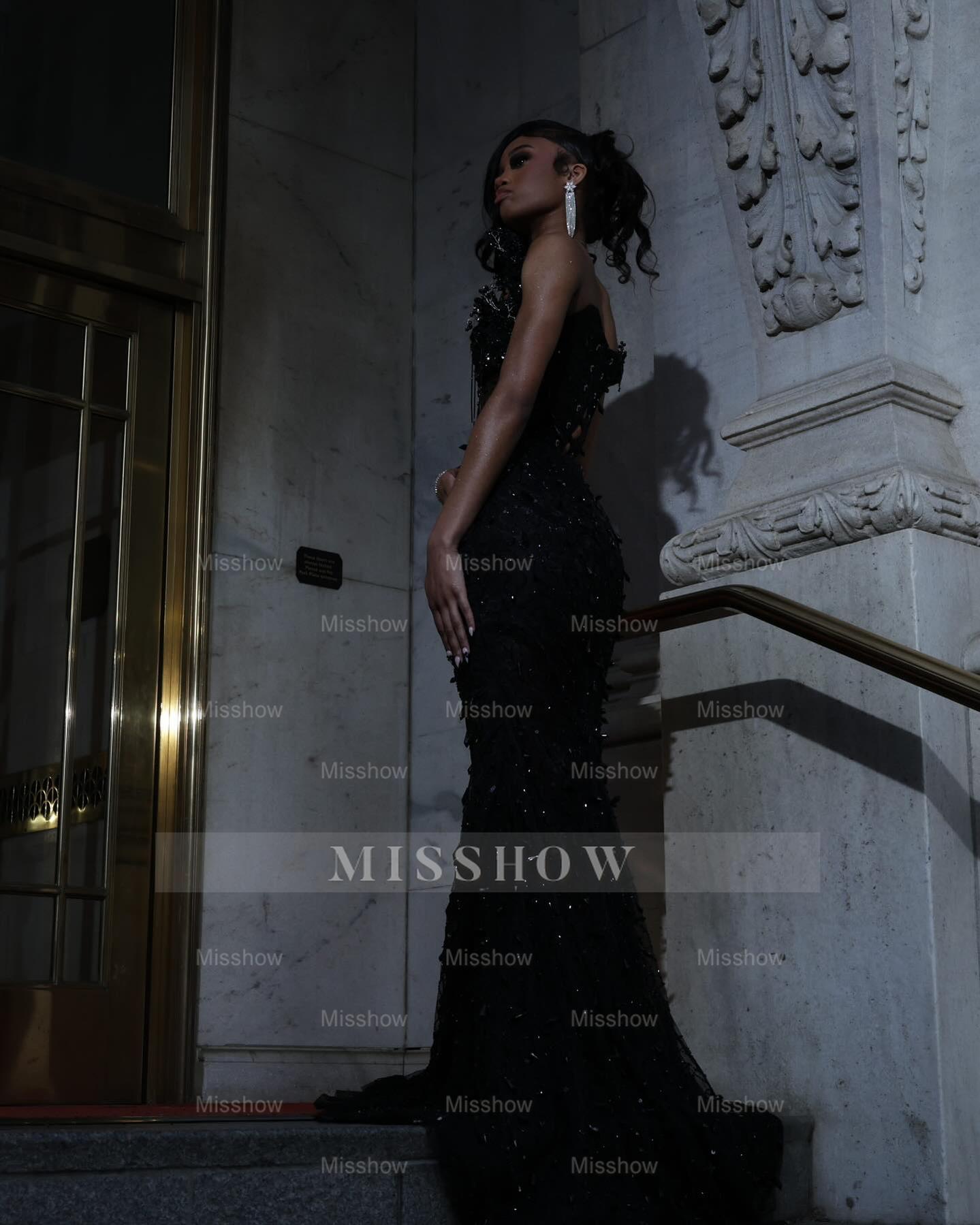 Black strapless beaded mermaid prom dress