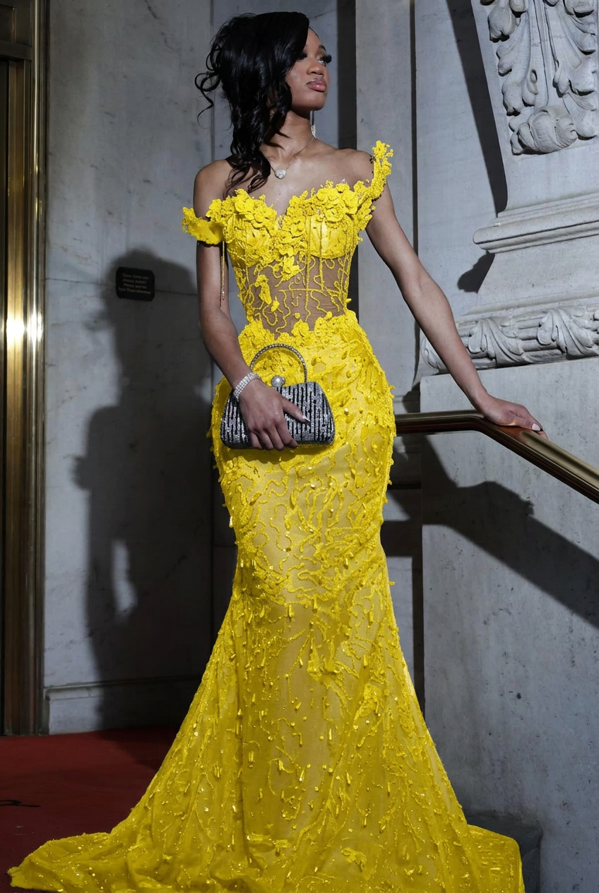 Yellow strapless beaded mermaid prom dress