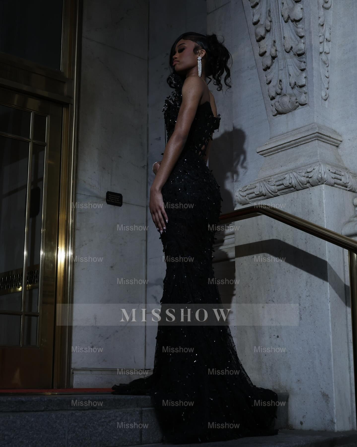 Black strapless beaded mermaid prom dress