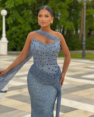 Gorgeous Blue Column Strapless Sleeveless Beaded Sequined Long Formal Dress With Rhinestones
