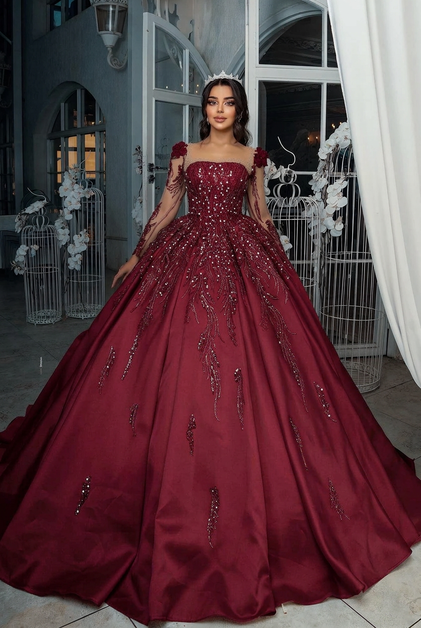 Burgundy square beaded ball gown wedding dress