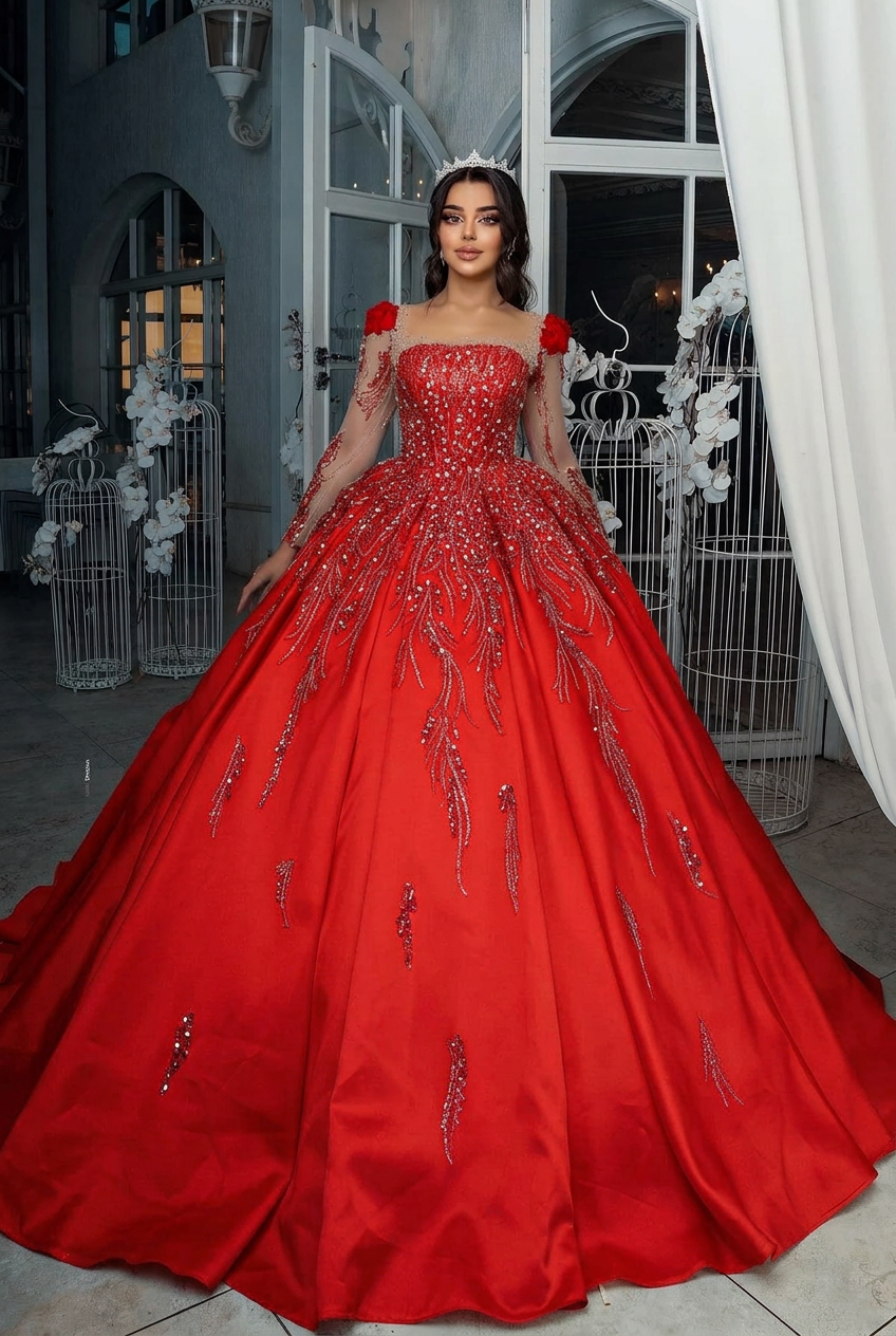 Red square beaded ball gown wedding dress
