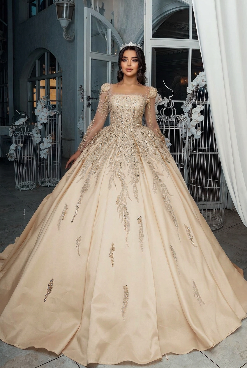 Champagne square beaded ball gown wedding dress