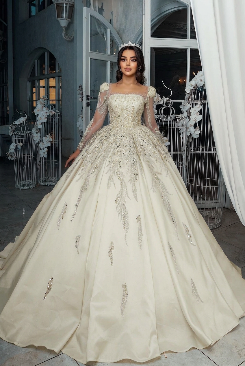 Ivory square beaded ball gown wedding dress