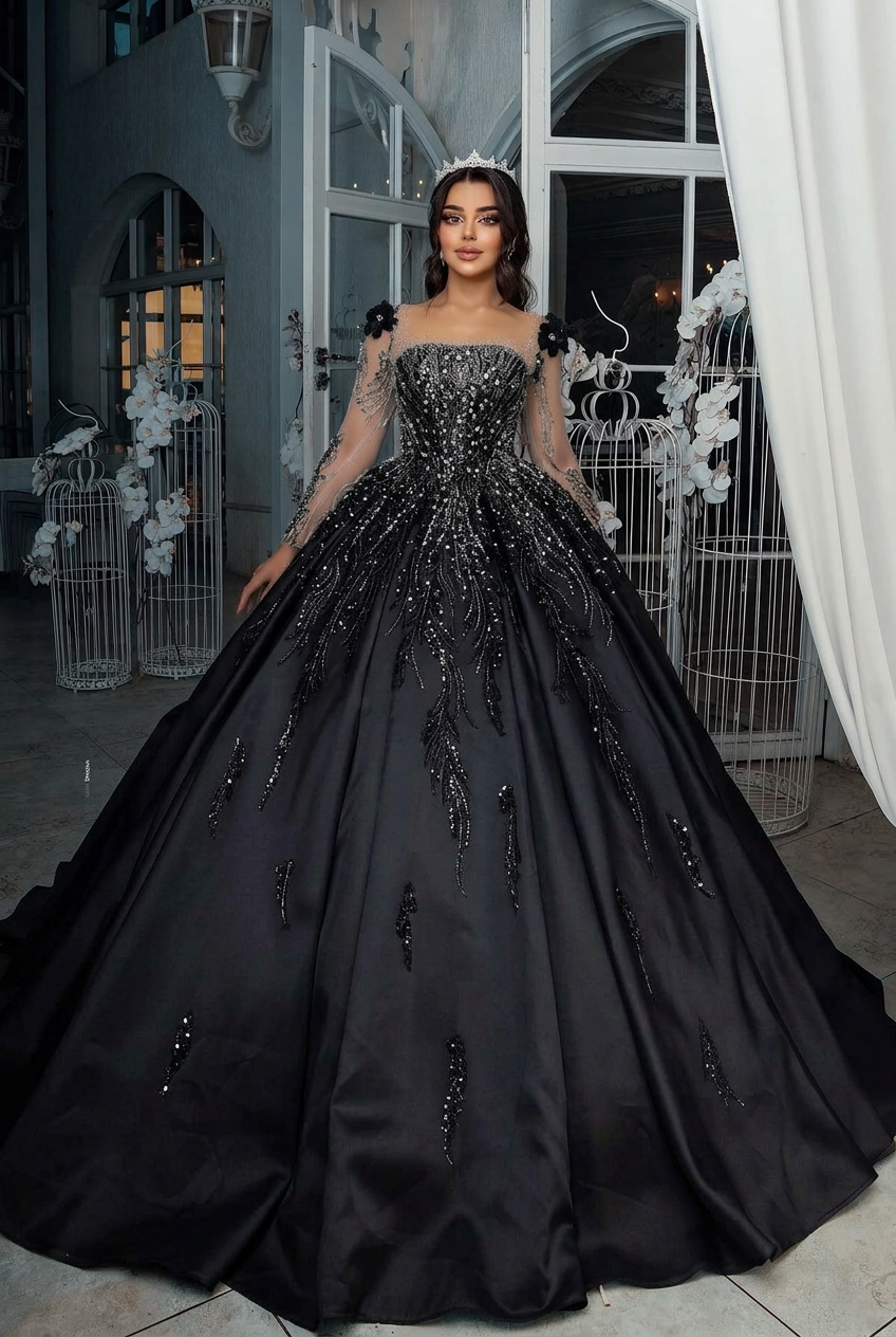 Black square beaded ball gown wedding dress