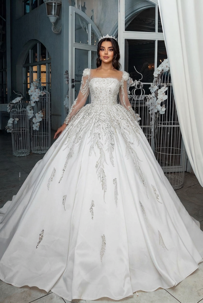 White square beaded ball gown wedding dress