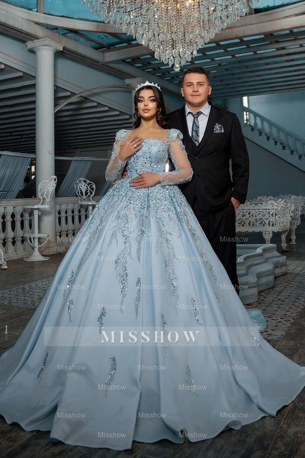 Gorgeous Blue Square Long Illusion Sleeves Beaded Sequined Ball Gown Long Satin Wedding Dress With Appliques Gorgeous Blue Square Long Illusion Sleeves Beaded Sequined Ball Gown Long Satin Wedding Dress With Appliques