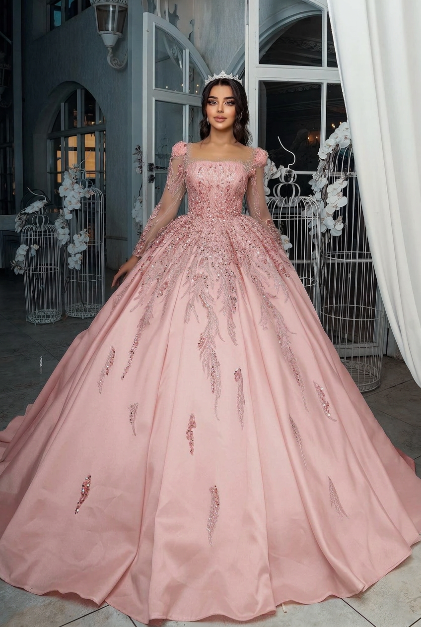 Blushing pink square beaded ball gown wedding dress