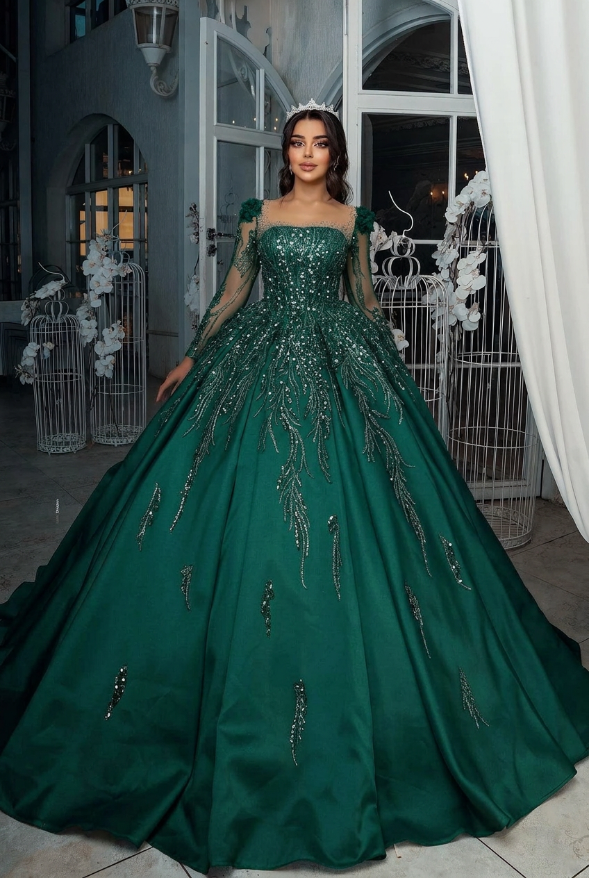 Dark green square beaded ball gown wedding dress