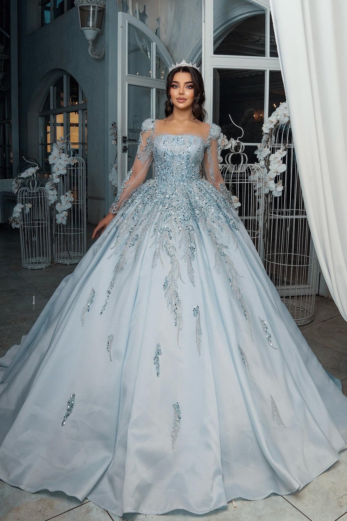 Gorgeous Blue Square Long Illusion Sleeves Beaded Sequined Ball Gown L –