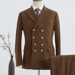 Gorgeous Brown Corduroy Double Breasted Custom Business Suit