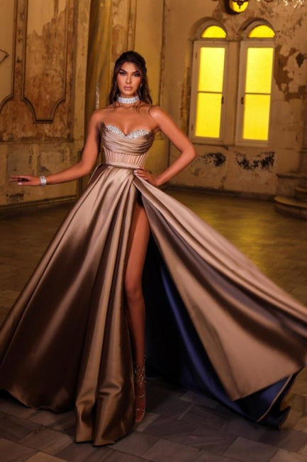Gorgeous Brown Sweetheart Sleeveless Satin Split Front Prom Dresses With Rhinestones
