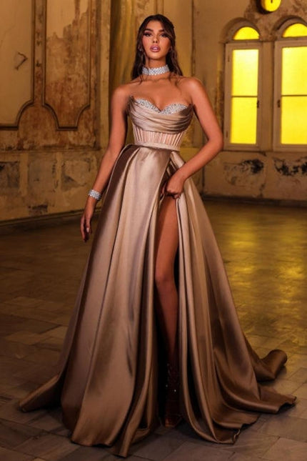 Gorgeous Brown Sweetheart Sleeveless Satin Split Front Prom Dresses Wi –