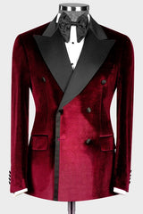 Gorgeous Burgundy Double-Breasted Velvet Peaked Lapel Prom Suit
