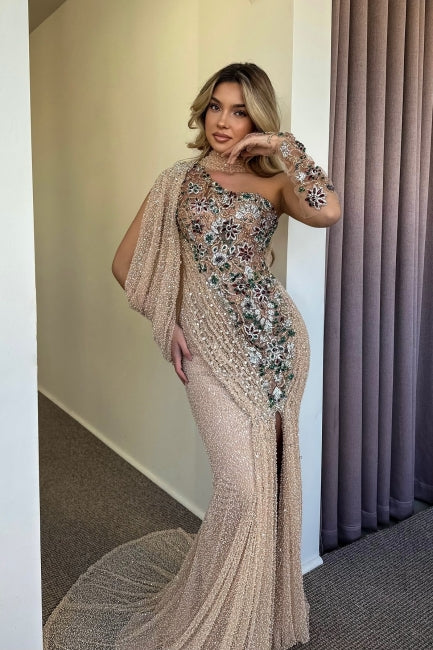 Gorgeous Champagne Mermaid One-Shoulder Cap Sleeve Beaded Sequined Split Front Long Tulle Evening Dresses With Rhinestone