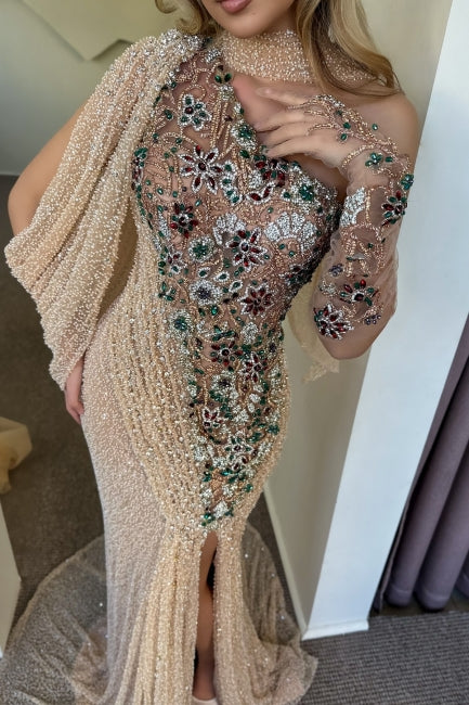 Gorgeous Champagne Mermaid One-Shoulder Cap Sleeve Beaded Sequined Split Front Long Tulle Evening Dresses With Rhinestone
