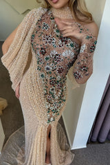 Gorgeous Champagne Mermaid One-Shoulder Cap Sleeve Beaded Sequined Split Front Long Tulle Evening Dresses With Rhinestone