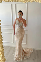 Gorgeous Champagne V-Neck Sleeveless Mermaid Evening Dress with Rhinestones