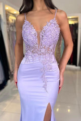 Gorgeous Column Satin Lace V-Neck Sleeveless Prom Evening Dresses With Appliques Split