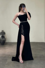 Gorgeous Column Satin One Shoulder Sleeveless Prom Evening Dresses With Sequined Split