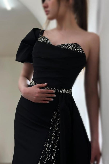 Gorgeous Column Satin One Shoulder Sleeveless Prom Evening Dresses With Sequined Split