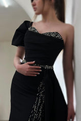 Gorgeous Column Satin One Shoulder Sleeveless Prom Evening Dresses With Sequined Split