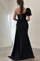 Gorgeous Column Satin One Shoulder Sleeveless Prom Evening Dresses With Sequined Split