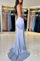 Gorgeous Column Satin Spaghetti Straps Sleeveless Prom Evening Dresses With Appliques Split