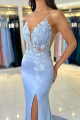 Gorgeous Column Satin Spaghetti Straps Sleeveless Prom Evening Dresses With Appliques Split