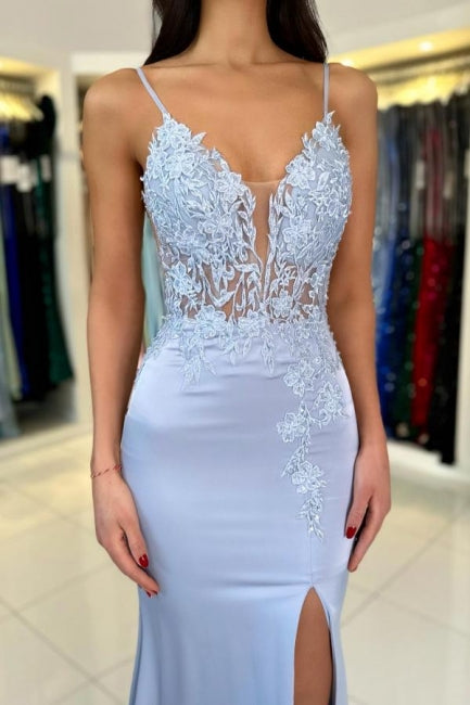 Gorgeous Column Satin Spaghetti Straps Sleeveless Prom Evening Dresses With Appliques Split