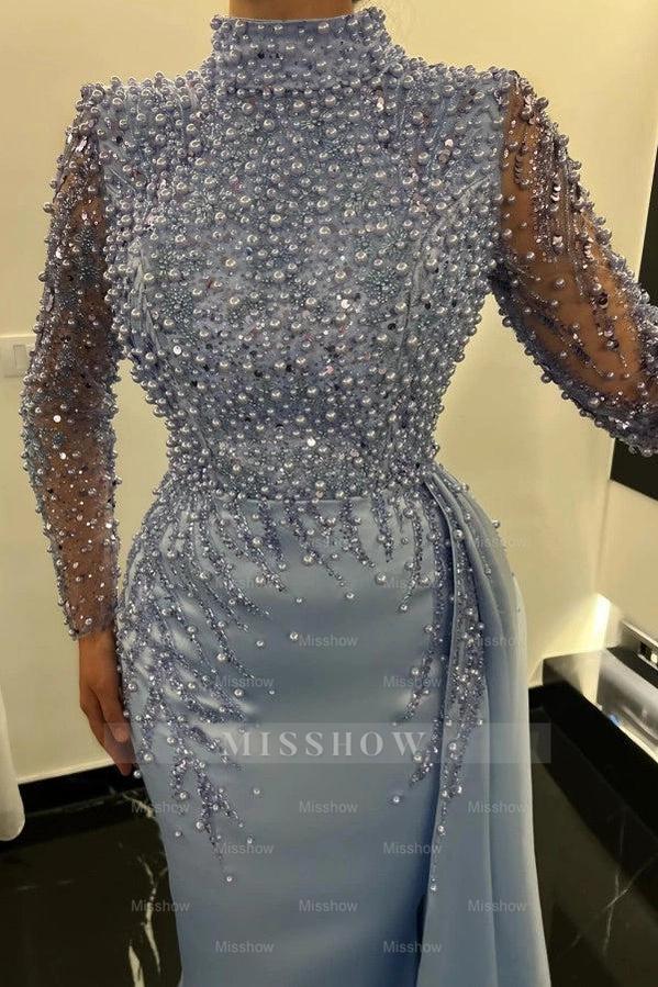 Gorgeous Dusty Blue High Neck Long Sleeves Mermaid Formal Dress with Beads