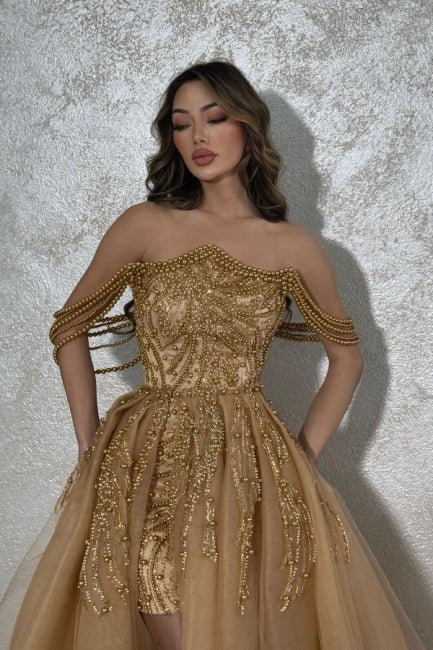 Gorgeous Gold A-Line Strapless Sleeveless Beaded Detachable Panel Train Tulle Evening Dresses With Pearls
