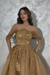 Gorgeous Gold A-Line Strapless Sleeveless Beaded Detachable Panel Train Tulle Evening Dresses With Pearls