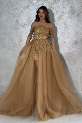 Gorgeous Gold A-Line Strapless Sleeveless Beaded Detachable Panel Train Tulle Evening Dresses With Pearls