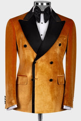 Gorgeous Gold Double-Breasted Peaked Lapel Velvet Prom Suit