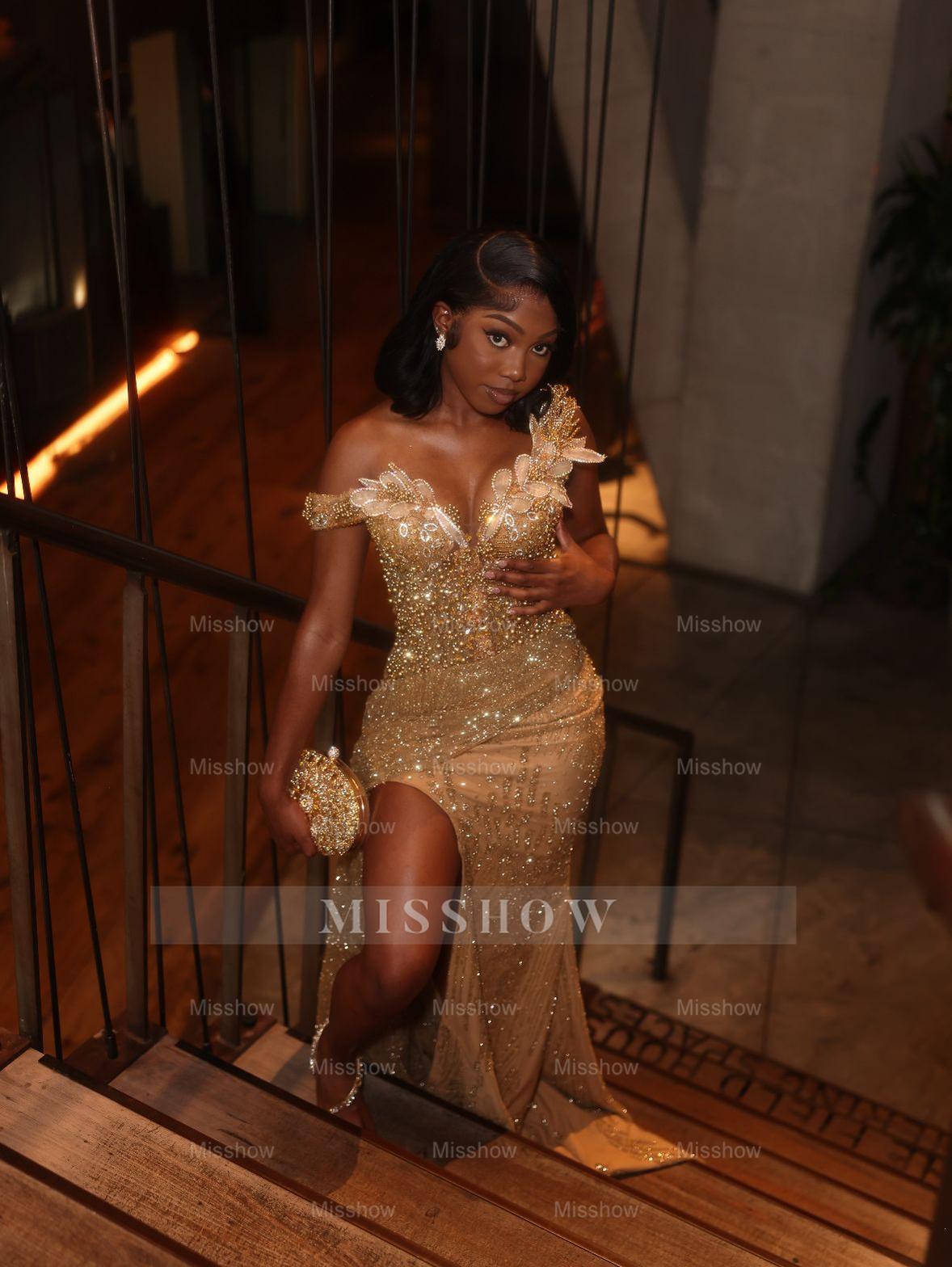 Gold off-the-shoulder split-front mermaid prom dress