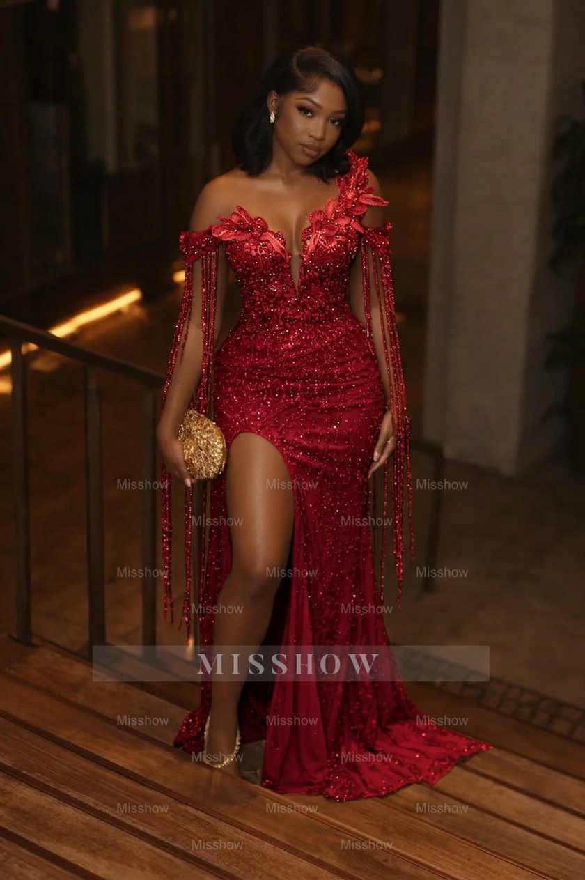 Red off-the-shoulder split-front mermaid prom dress