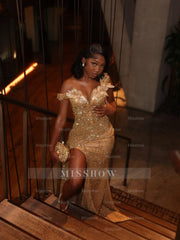 Gold off-the-shoulder split-front mermaid prom dress