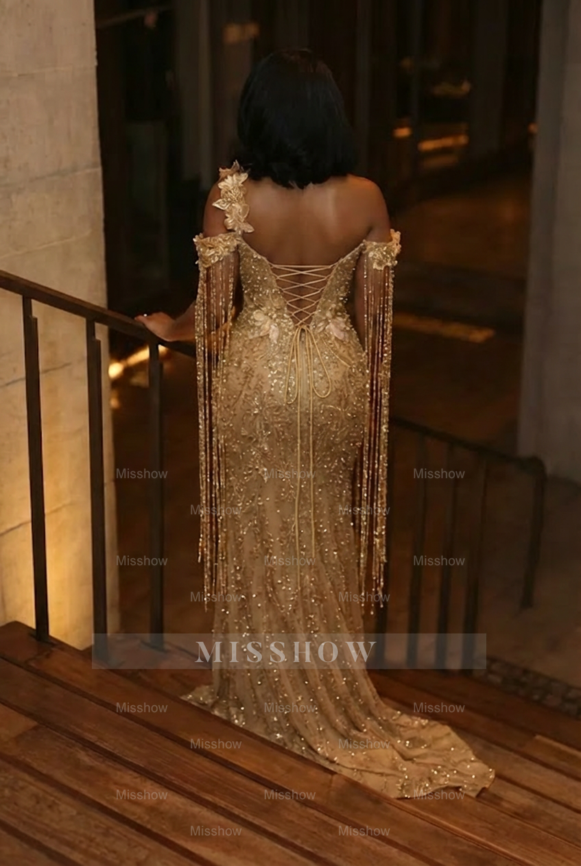 Gold off-the-shoulder split-front mermaid prom dress