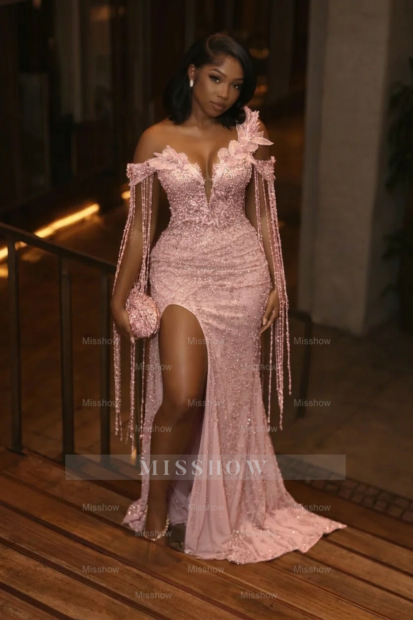 Blushing pink off-the-shoulder split-front mermaid prom dress