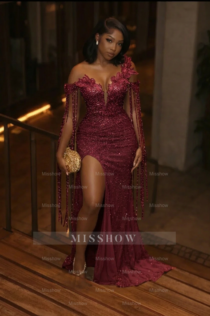 Burgundy off-the-shoulder split-front mermaid prom dress