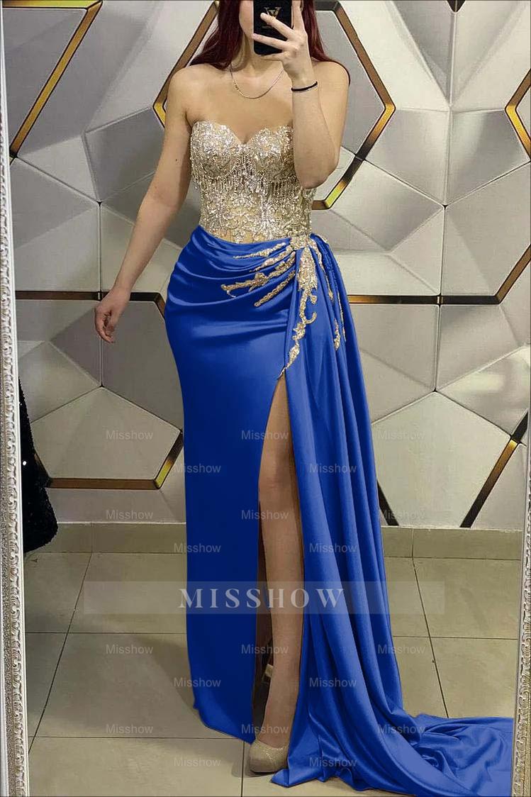 Gorgeous Gold Sweetheart Strapless Sleeveless Pleated Long Split With Beading