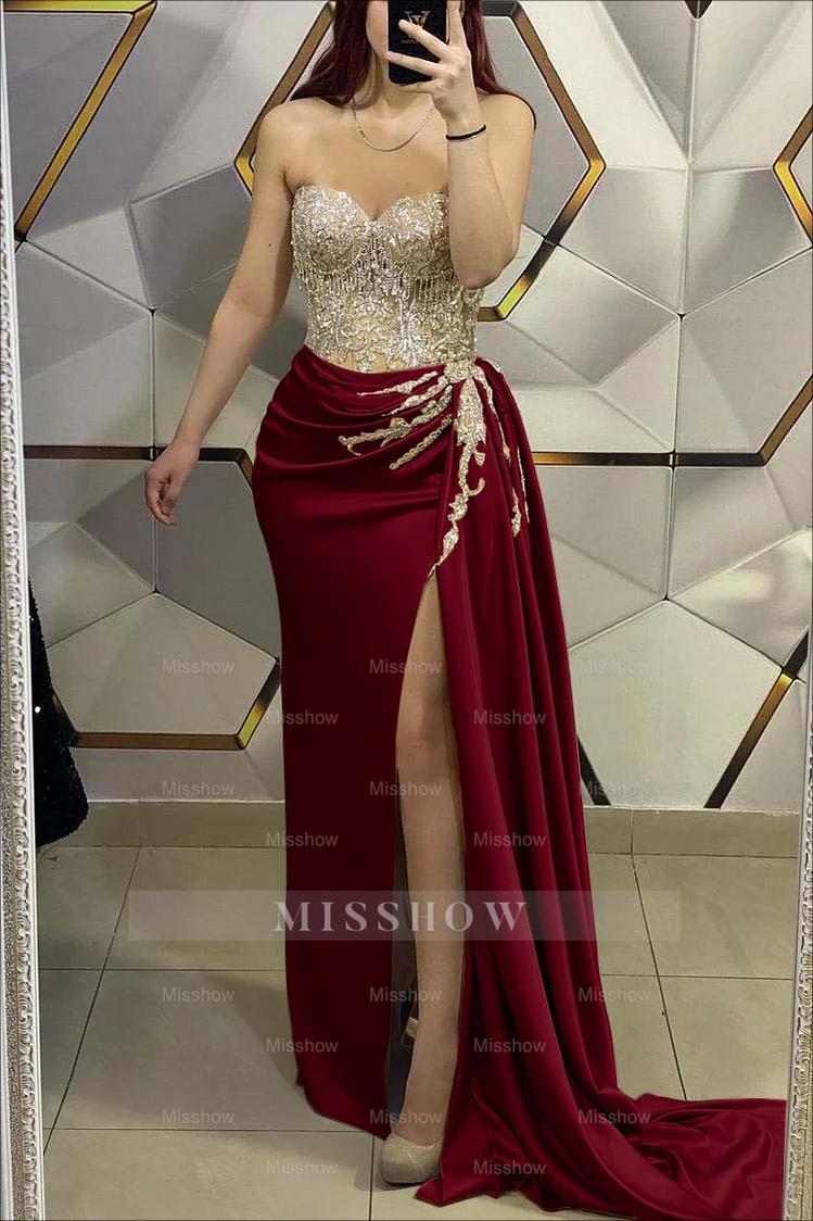 Gorgeous Gold Sweetheart Strapless Sleeveless Pleated Long Split With Beading