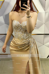 Gorgeous Gold Sweetheart Strapless Sleeveless Pleated Long Split With Beading