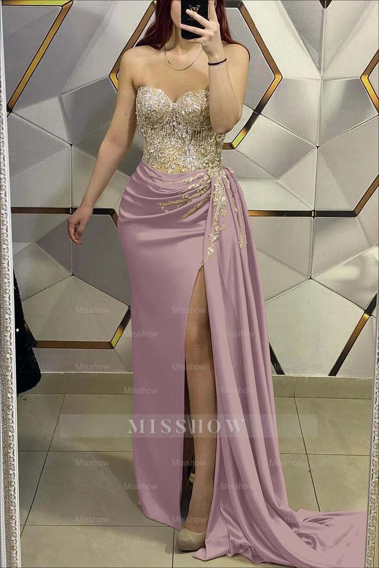 Gorgeous Gold Sweetheart Strapless Sleeveless Pleated Long Split With Beading