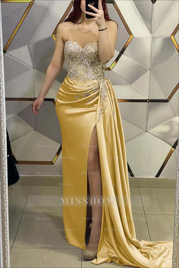 Gorgeous Gold Sweetheart Strapless Sleeveless Pleated Long Split With Beading
